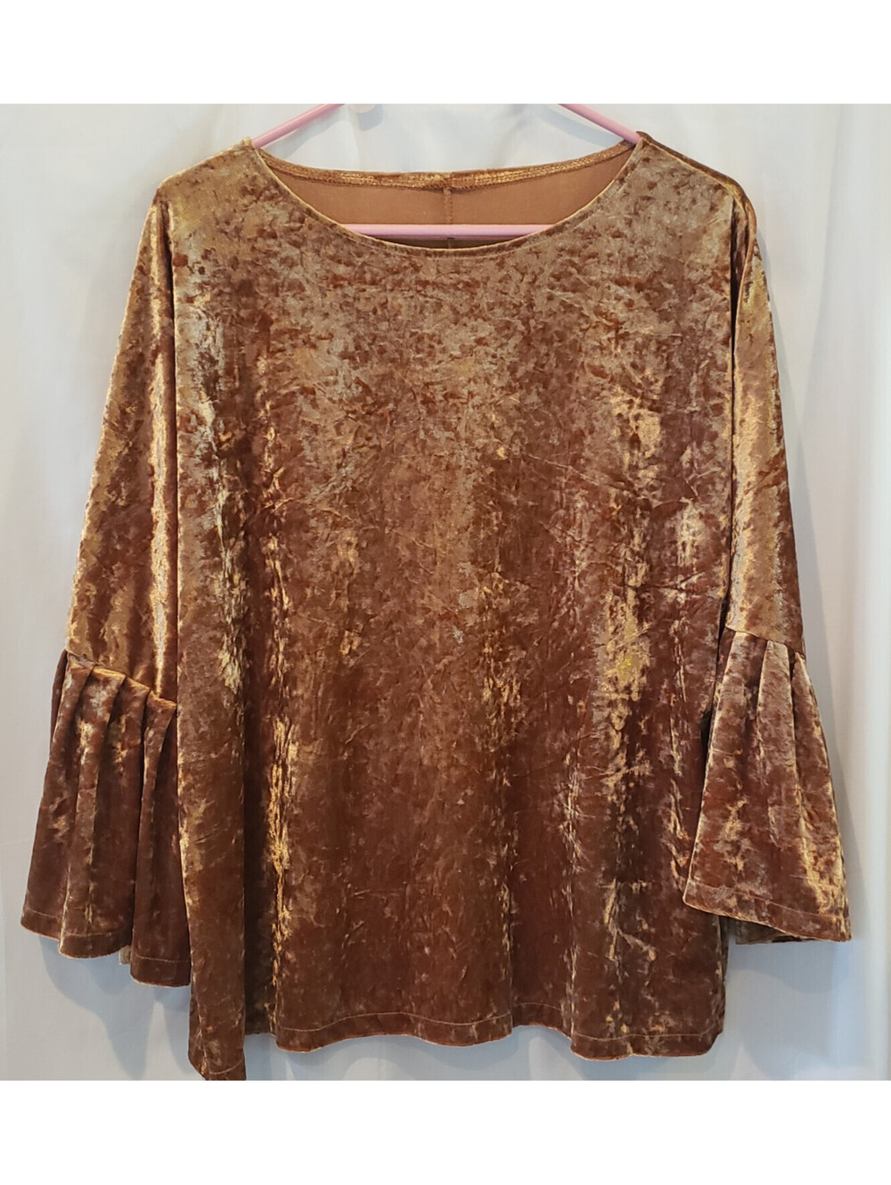 Women's XL Gold Bronze Crushed Velvet Bell Sleeve Tunic Blouse Flowy Top